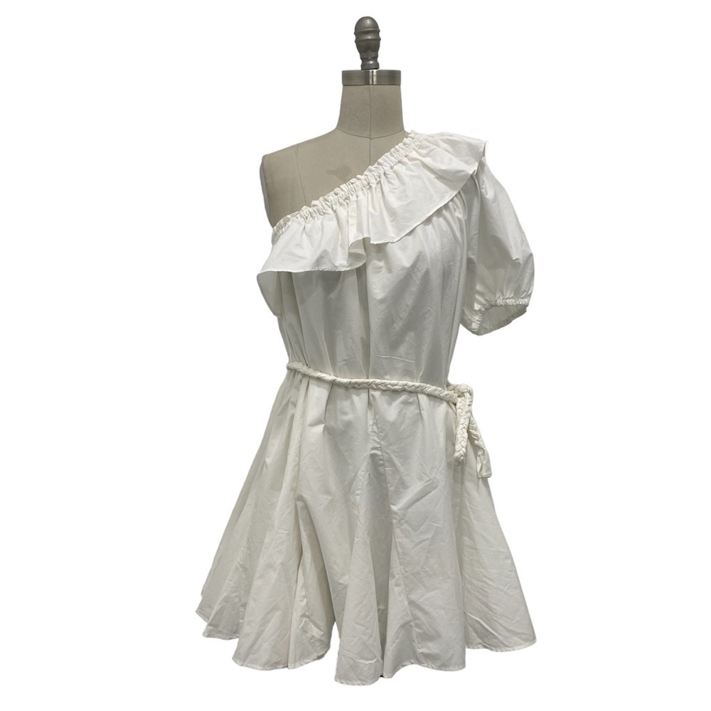 Women’s Boho Off Shoulder Rope Belt Ruffle Dress White Rhode Size Large